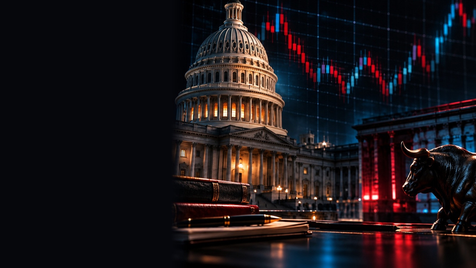 Domed capitol and bull statue under red and blue market charts at night